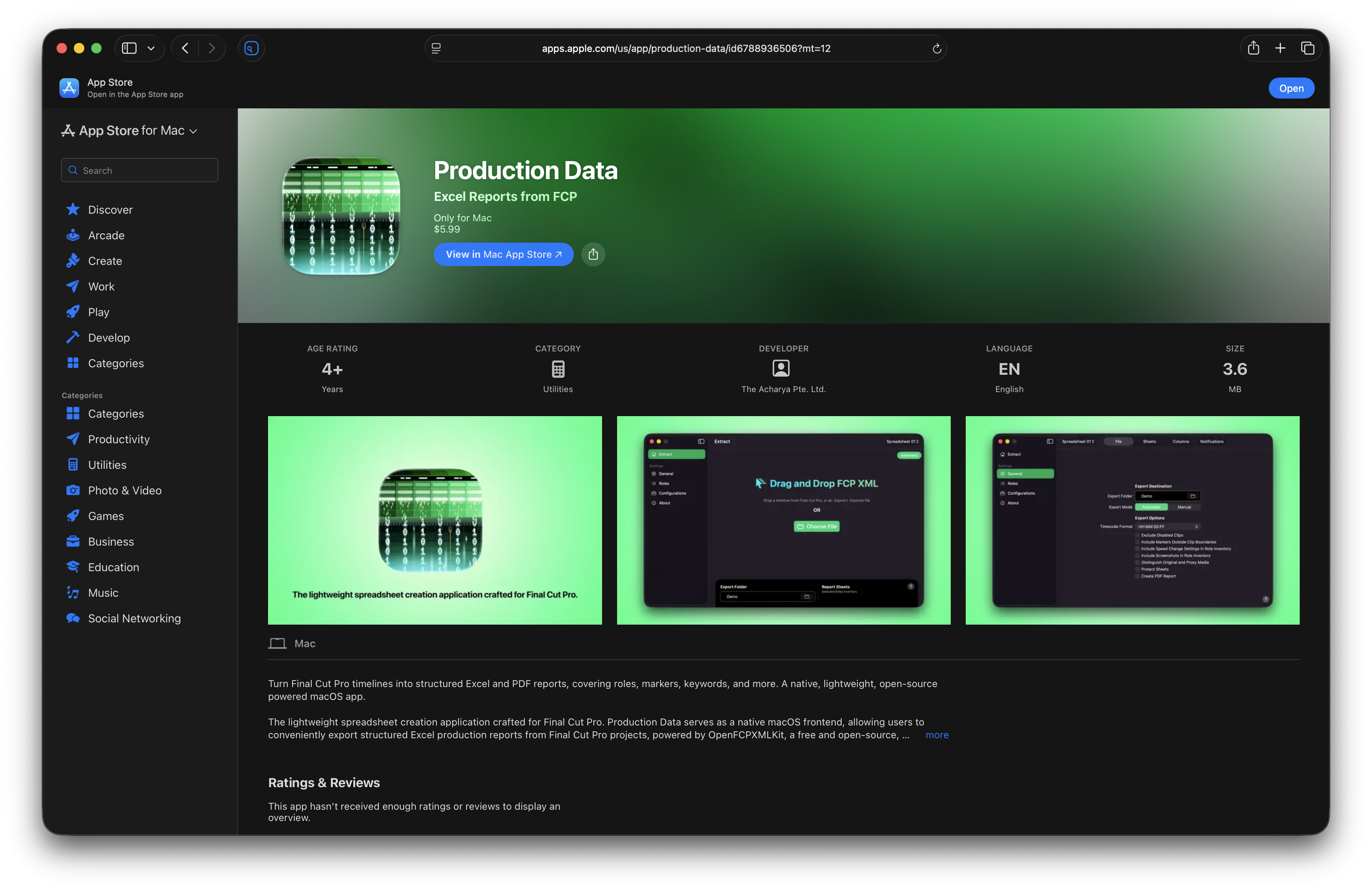 Production Data's Mac App Store Page