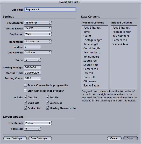 Export Film Lists